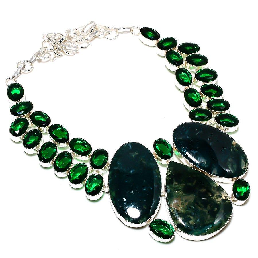 Moss Agate, Diopside Gemstone 925 Sterling Silver Jewelry Necklace 18" SU-9761