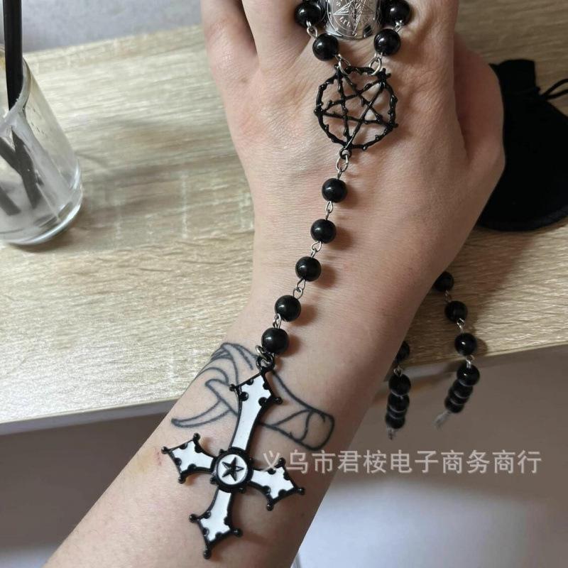 Victorian Gothic Inverted Cross & Pentagram Bead Necklace