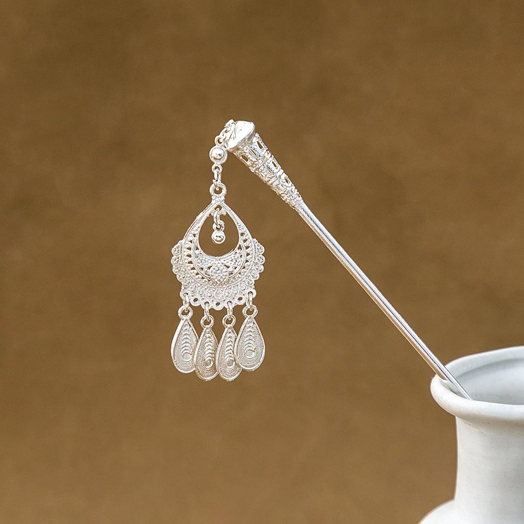 Hairpin Hollow Feather Fringed Hairpin, Ethnic Feng Shui Drop-Shaped Oil Dripping Hairpin Hanfu Disc Hair Accessories