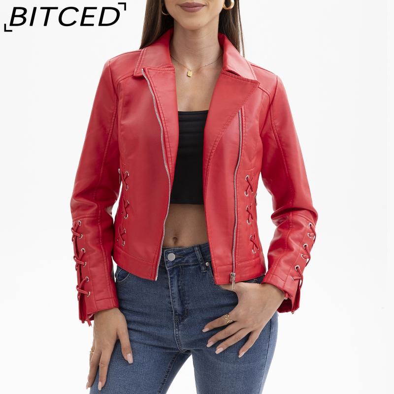 BITCED Fashion Knitted Leather Jacket for Women with Straps Trendy Clothing Casual Jacket