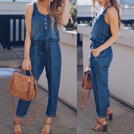 Sommer Damen Mode Ärmellos Jeans Jumpsuit Denim Latzhose Lange Hose Strampler