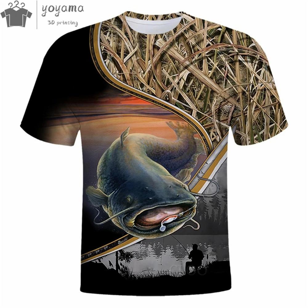 Summer Men's T-shirt 3D Catfish Print Short Sleeved Outdoor Fishing Sports Fashionable Casual Round Neck Top Oversized T-shirt