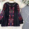 Summer Vintage Women Blouse Embroidered Puff Sleeve Color Block Ethnic Style Camisa Feminina Casual Tops