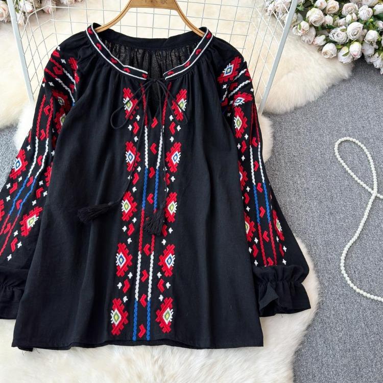 Summer Vintage Women Blouse Embroidered Puff Sleeve Color Block Ethnic Style Camisa Feminina Casual Tops