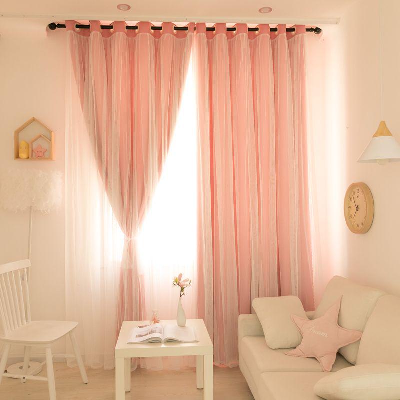 Double Layer Blackout Curtains, Girly Cream Style, Fabric and Gauze, for Bedroom and Dormitory, Sun Protection and Heat Insulation