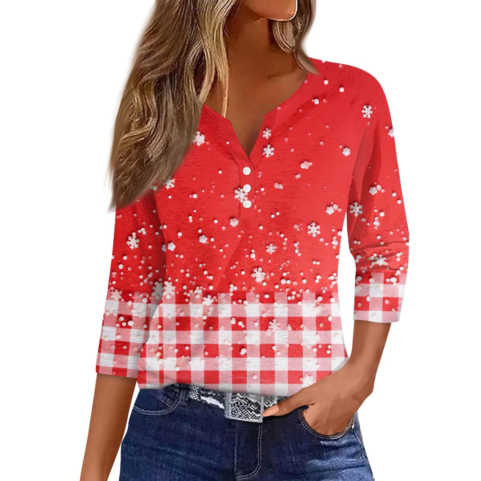 

Жен. Футболка Футболка С принтом Пуговицы Рукав 3/4 Повседневные Выходные Мода Классический Классический V-образный вырез Обычный Верх M киноварь