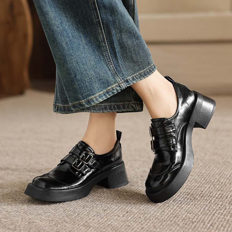 Krazing Pot Microfiber Round Toe Chunky Heels Spring Summer Shoes Big Size 43 Size 33 Women Metal Buckle Platform Pumps