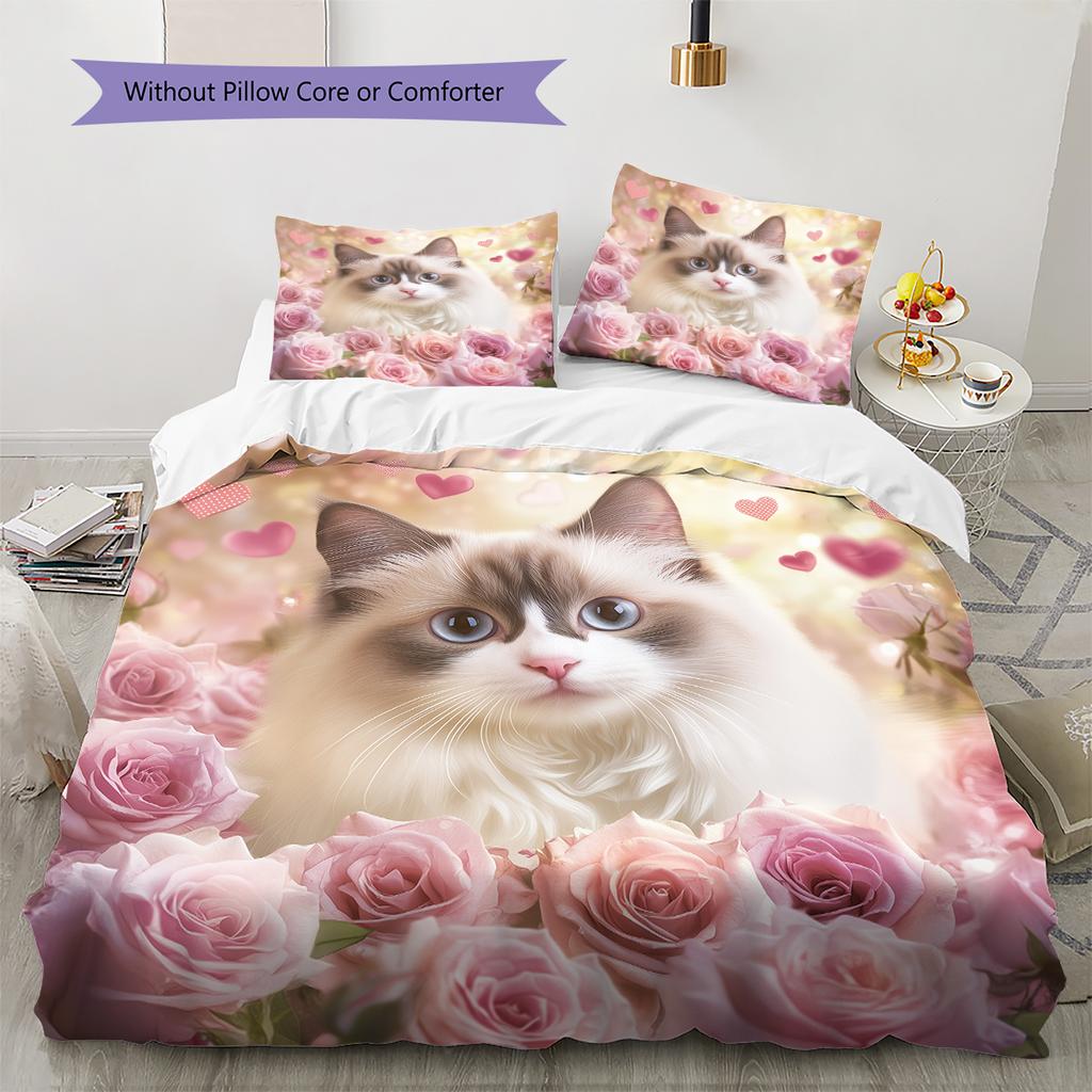 Ragdoll Cat and Fresh Flowers Pattern Bedding Home Decoration Birthday Gift (1 * Duvet Cover + 2 * Pillowcase, Without Core)