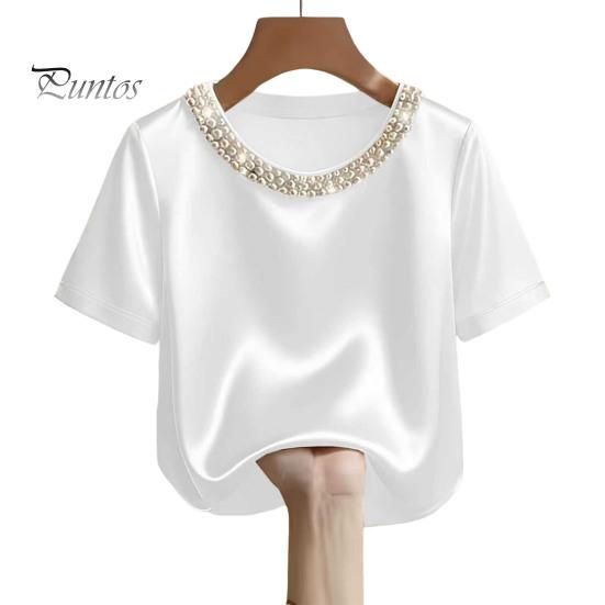 Tee Shirt Women T-shirt Round Neck Satin Fabric with Hand-Sewn Imitation Pearls Short Sleeve Loose Fit Casual Tops Hand-sewn Pearl Neckline