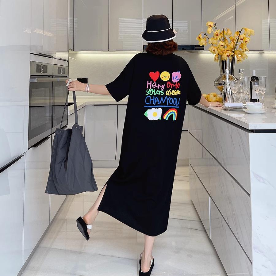 Summer Ins New Korean Version Fashion Lazy Style T-shirt Women's Rainbow Printing Long Knee Loose Large Size Dress