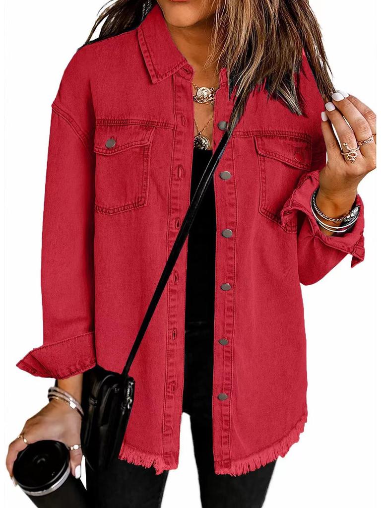Women's Cross-Border Washed Denim Shirt Jacket - European & American Autumn/Winter Street Style with Frayed Hem