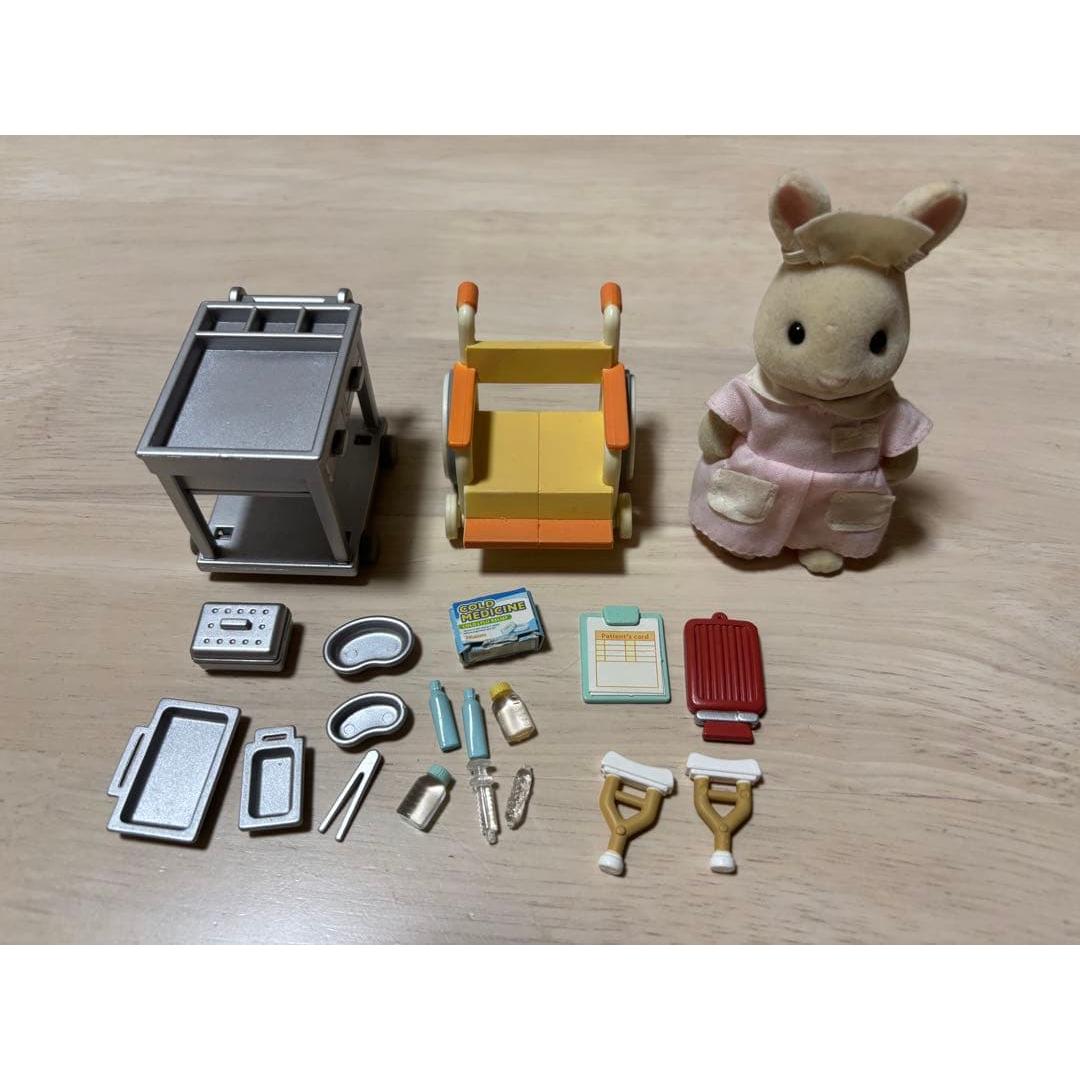 Used Sylvanian Families Nurse Rabbit Doll Hospital Accessories Set
