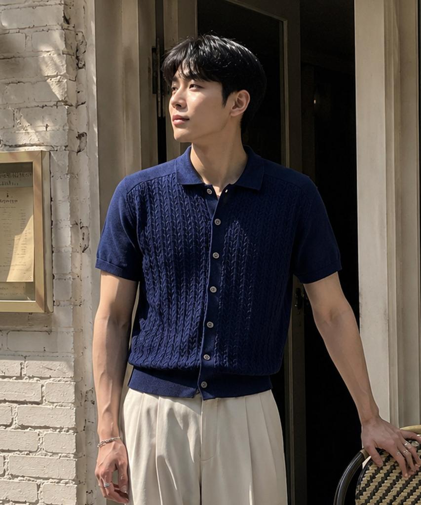 ECORR Front Cable Cropped Short Sleeve Knit Cardigan_Navy