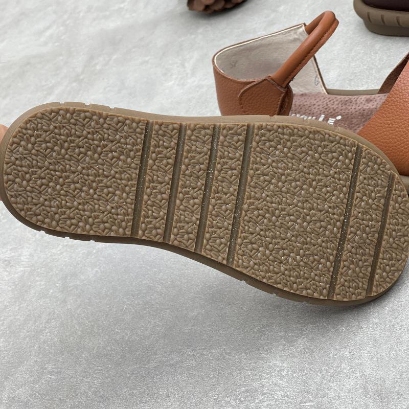Johnature Sandálias rasteiras retrô artesanais de couro genuíno, casuais, versáteis, confortáveis, sola macia, sapatos femininos