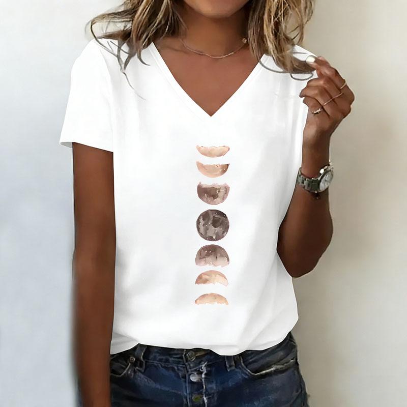 

Moon print V-neck T-shirt, casual and fashionable Harajuku T-shirt XL