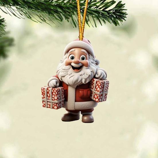 Christmas Ornament Smiling Santa Claus Holding Gift Pendant 3D Effect Acrylic Hanging Pendant Festive Home Decor