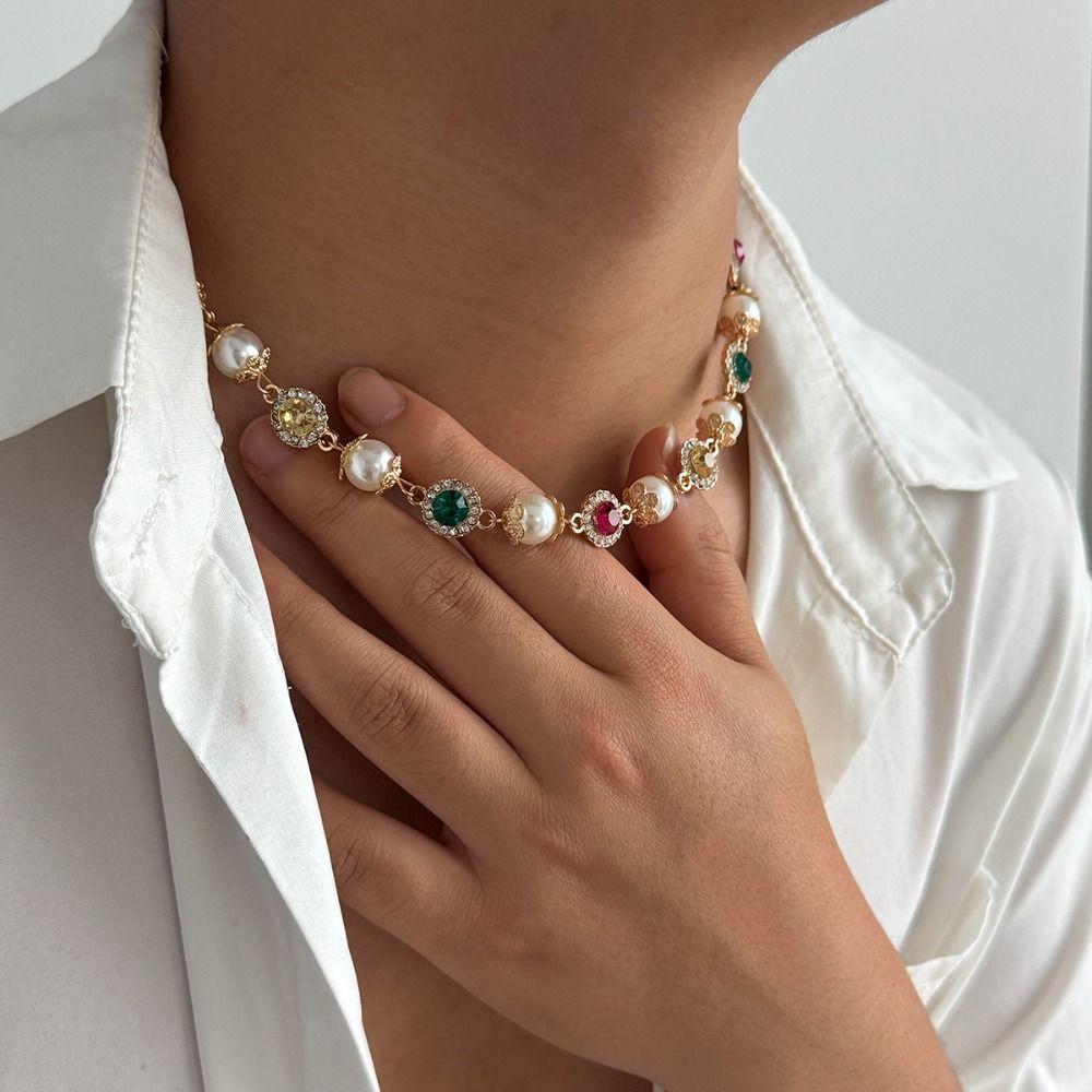 Silver Rhinestone Collar Chain Golden Clavicle Chain Retro Imitation Pearl Beads Necklace Male