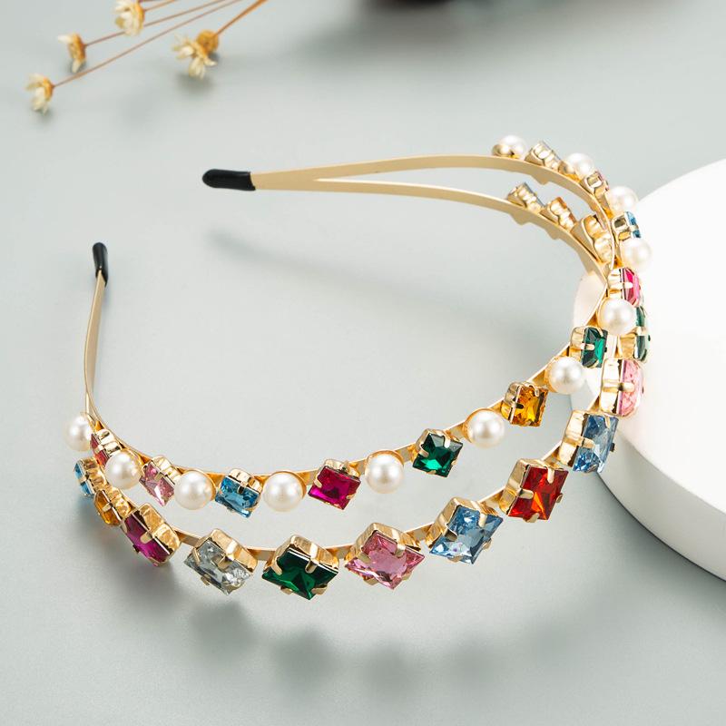Women's Hair Band Double Layer Metal Hairhoop Pearl Inlaid Rhinestone Super Flash Headwear