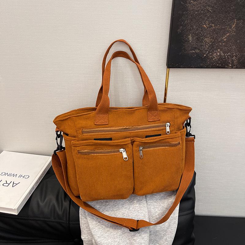 Large Capacity Corduroy Shoulder Bag for Women – Multi-Pocket Tote with Zipper Compartments and Stylish Design