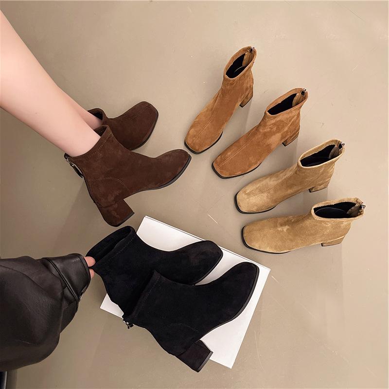 High-heeled brown Martin boots for women's 2025 spring and autumn new super-fire elastic thin boots French thick-heeled small short boots