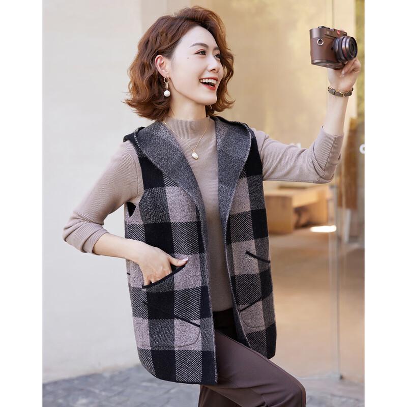 KAVON Autumn Plaid Hooded Loose Sleeveless Jacket L
