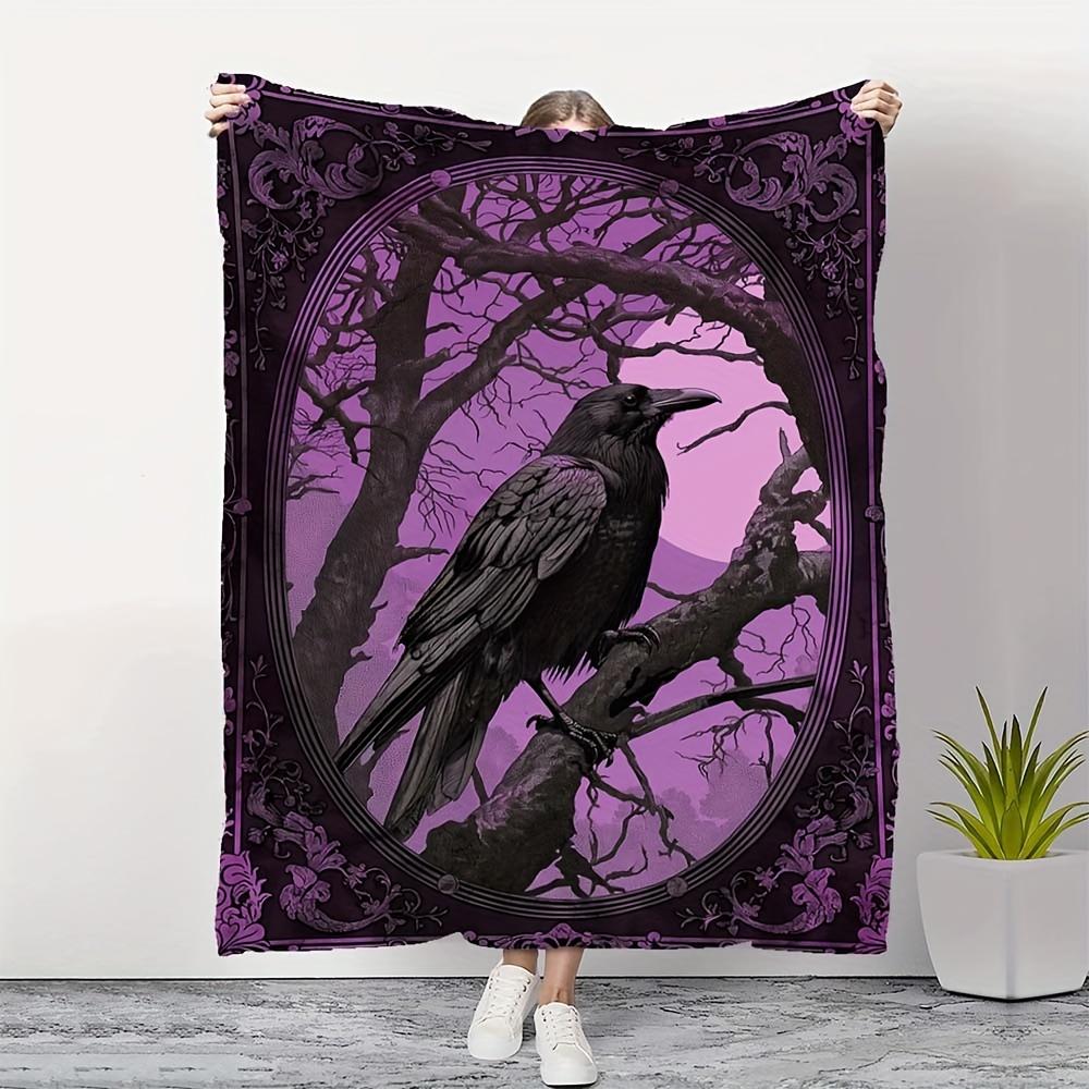 Gothic Raven: A Cozy, Mysterious Blanket with Elegant Crow Design and Purple Floral Frame, Perfect for Snuggling Size: 75*100cm, Weight: 230 GSM