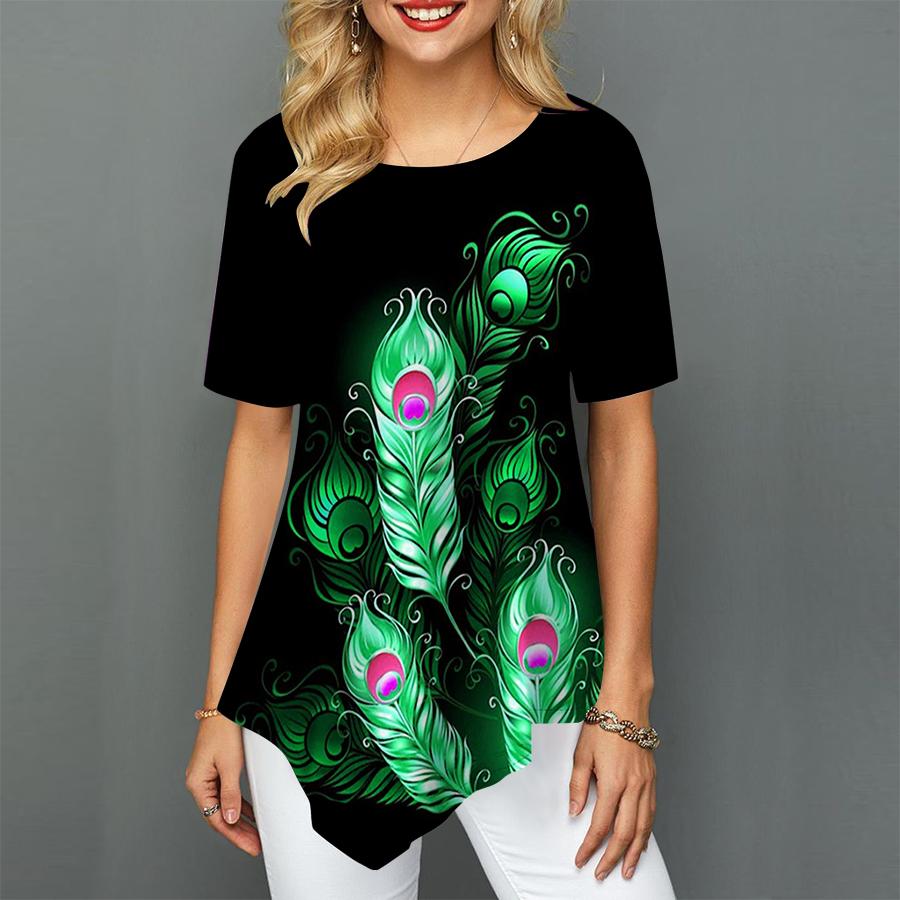 

Модные свободные женские футболки с 3D-принтом из перьев и круглым вырезом, 3D-печать, топы, весна-лето, новая женская одежда, модная одежда XS-8XL 4XL