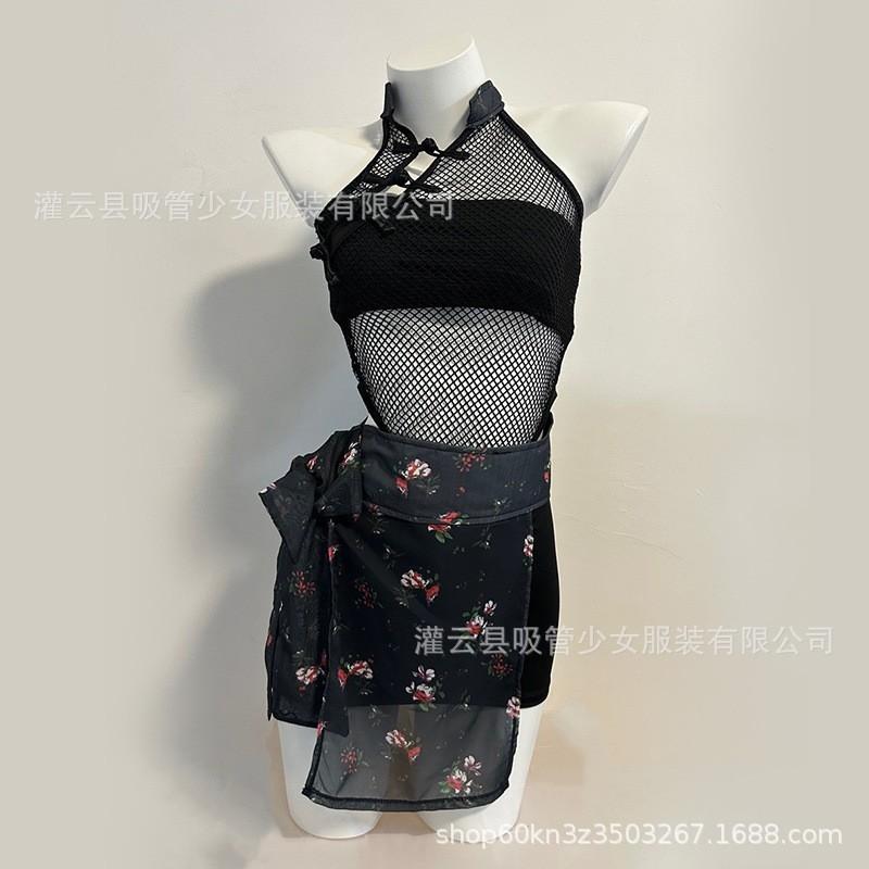 Sexy Underwear Internet Celebrity Antique Retro Disc Buckle Mesh Yarn Female Dark Hip Wrap Split Fork Nightclub Floral Improvement