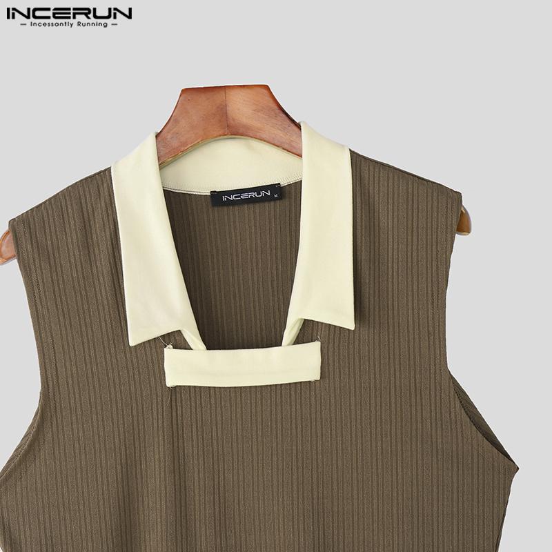 INCERUN Men Patchwork Lapel Sleeveless Casual Ribbed Tank Tops