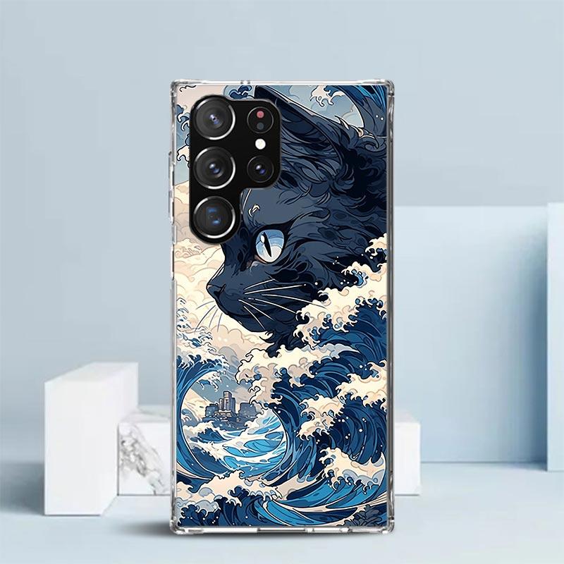 Anime Cat Sea Wave Aesthetic Phone Case For Samsung Galaxy S24 S25 Edge S26 Ultra S22 S23 Plus S21 + S20 FE Soft TPU Back Cover