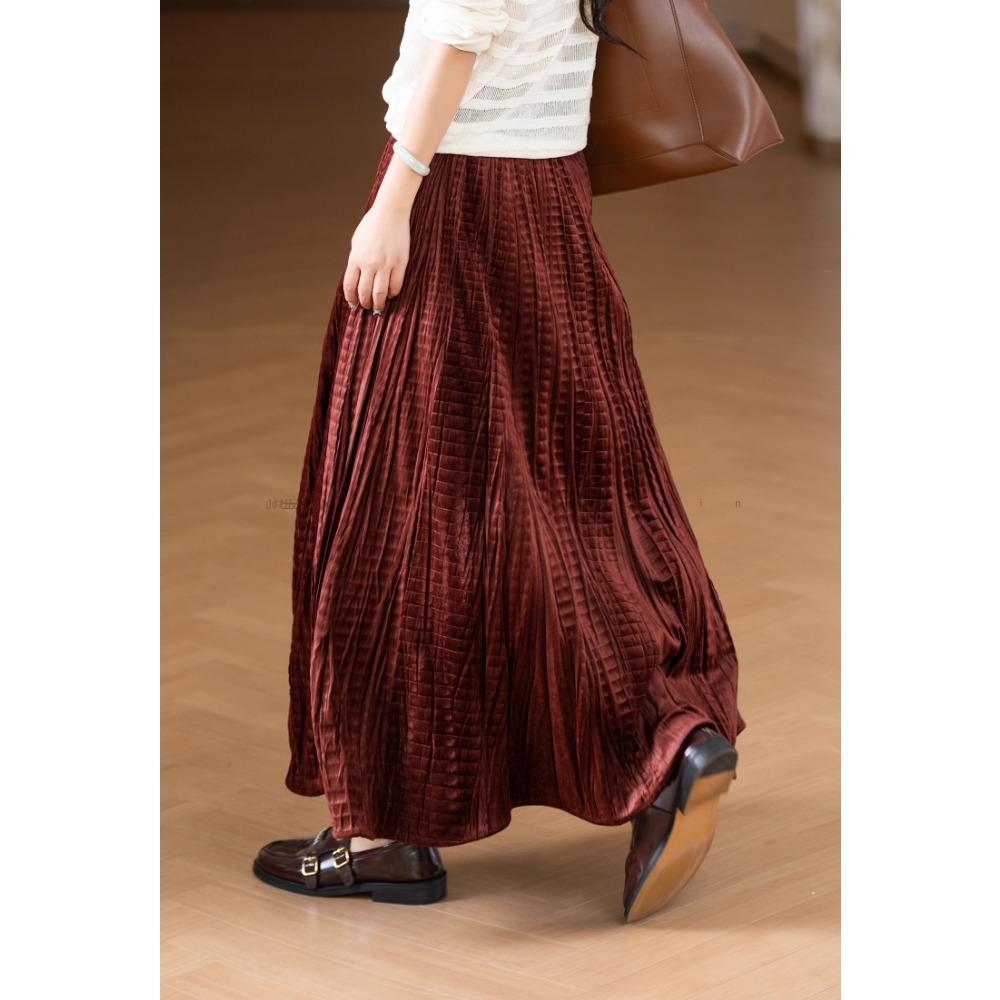 DIMANAF 2025 Autumn New Women Skirts Solid Plaid Loose Elastic Waist Pleated Elegant Long Skirts Red