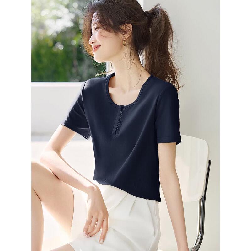 Women s Casual Round Neck Button Short Sleeve T-Shirt S