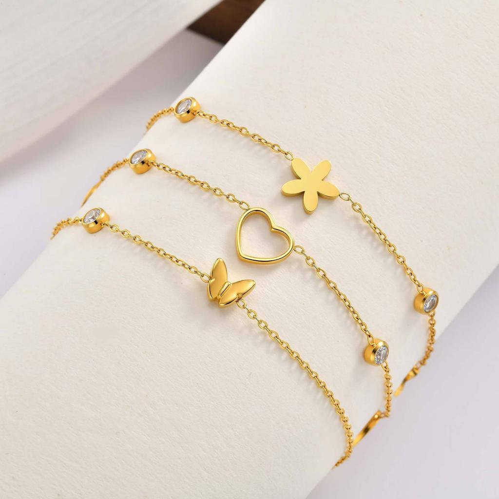 Wind Ladies Jewelry Stainless Steel Heart Inlaid Butterfly Flower Bracelet Necklace, Niche Delicate Clavicle Chain 2536