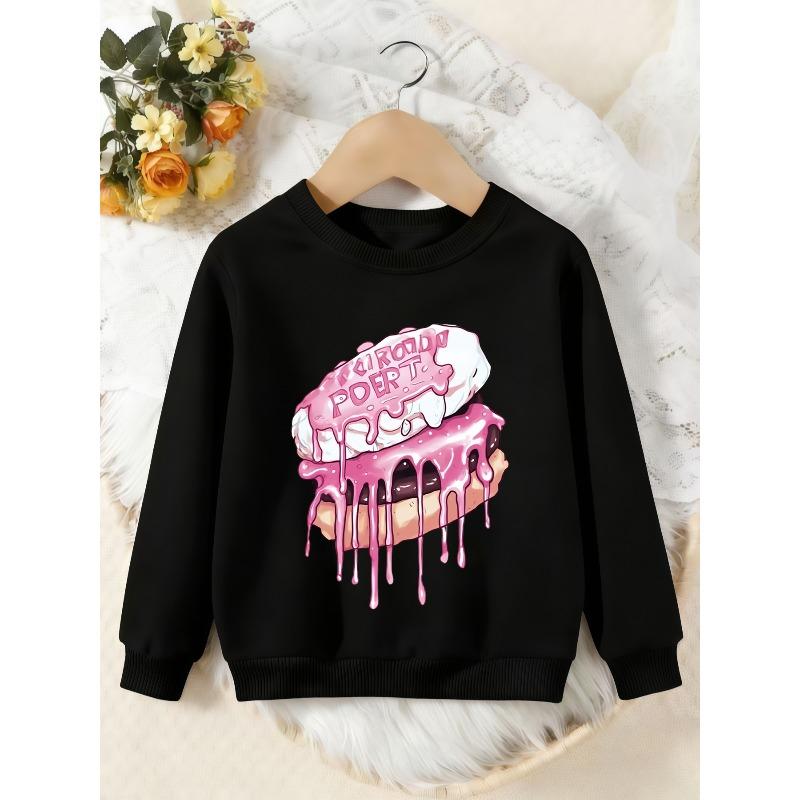 Unisex Kids Crewneck Sweatshirt, Pink Dripping Donut Cartoon Print Pullover, Boys Girls Cute Dessert Casual Sweatshirt For Kids Over 4 Years Old