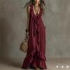 Boho Vintage V-Neck Short Sleeve Ruffle Casual Urban Dress for Women, European American Crossbody Summer Sundress