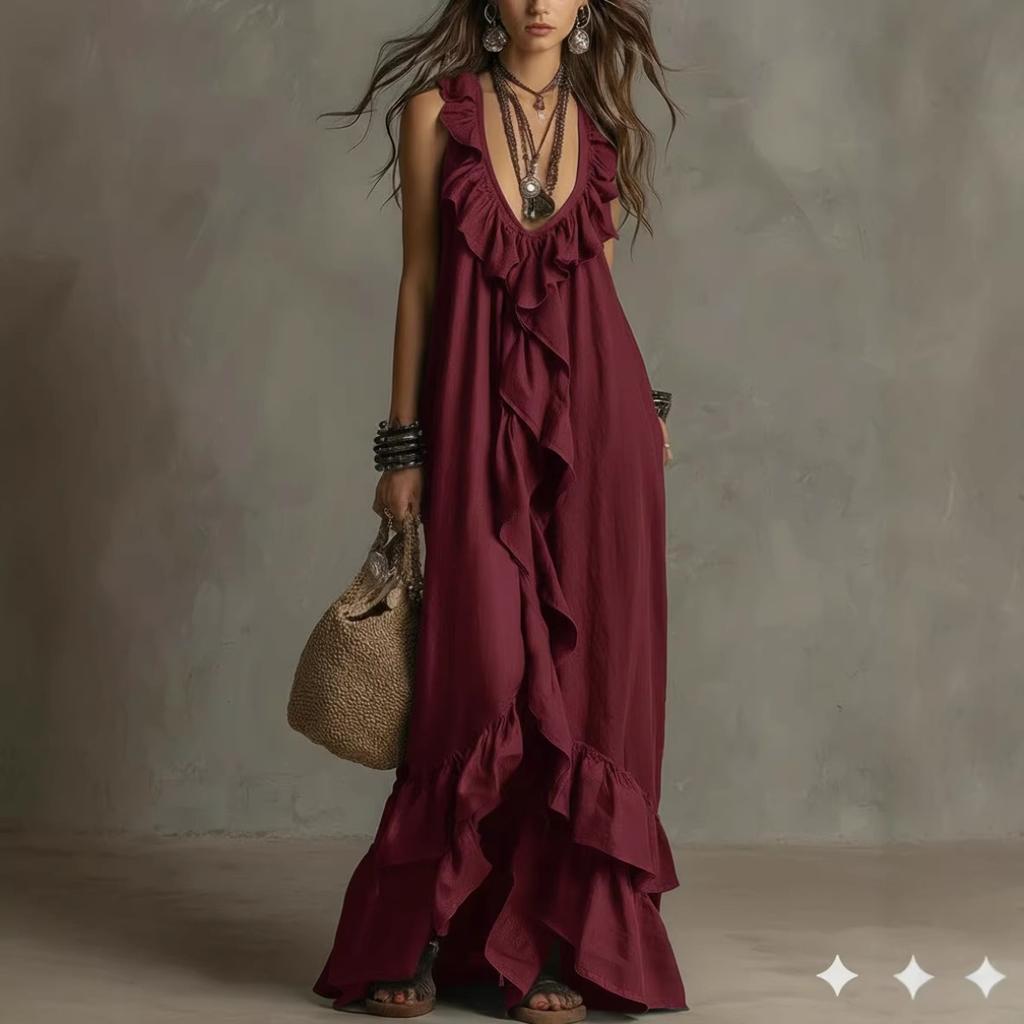 Boho Vintage V-Neck Short Sleeve Ruffle Casual Urban Dress for Women, European American Crossbody Summer Sundress