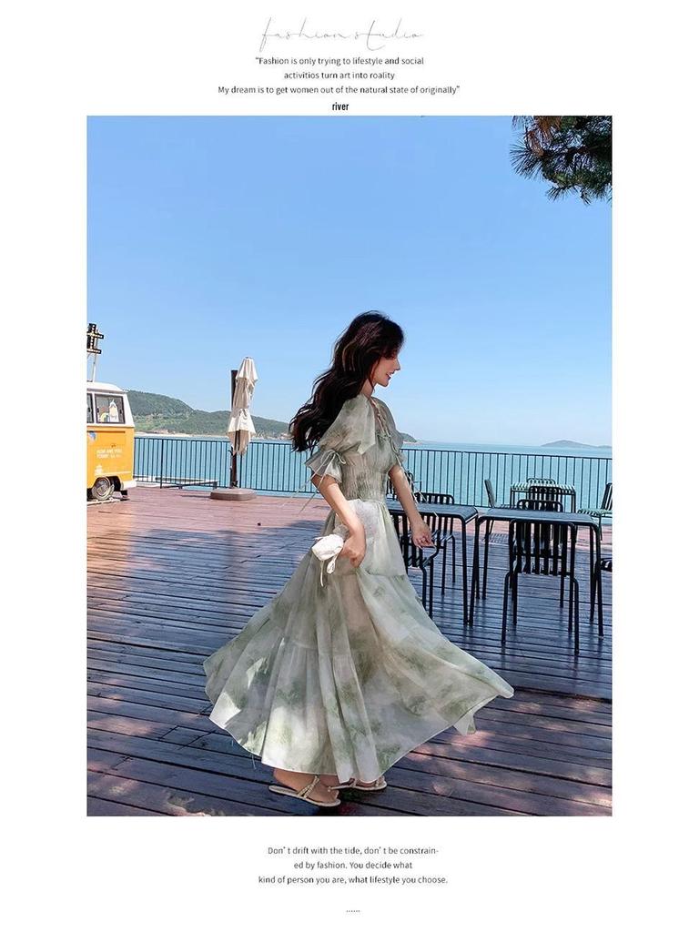 French Romantic Square Neck Floral Dress for Spring & Autumn 2026 - Gentle, Elegant, Long Fairy Vacation Dress