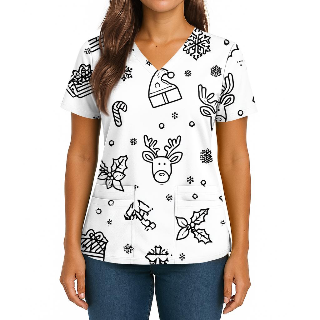 Women's Christmas Print V-Neck Double Pocket Short Sleeves Hem Slit  Uniform And Caregiver Top