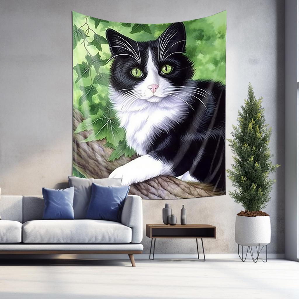 Elegant CowPatterned Cat Tapestry Black  White  Green Leaf Background Ideal Home Decor