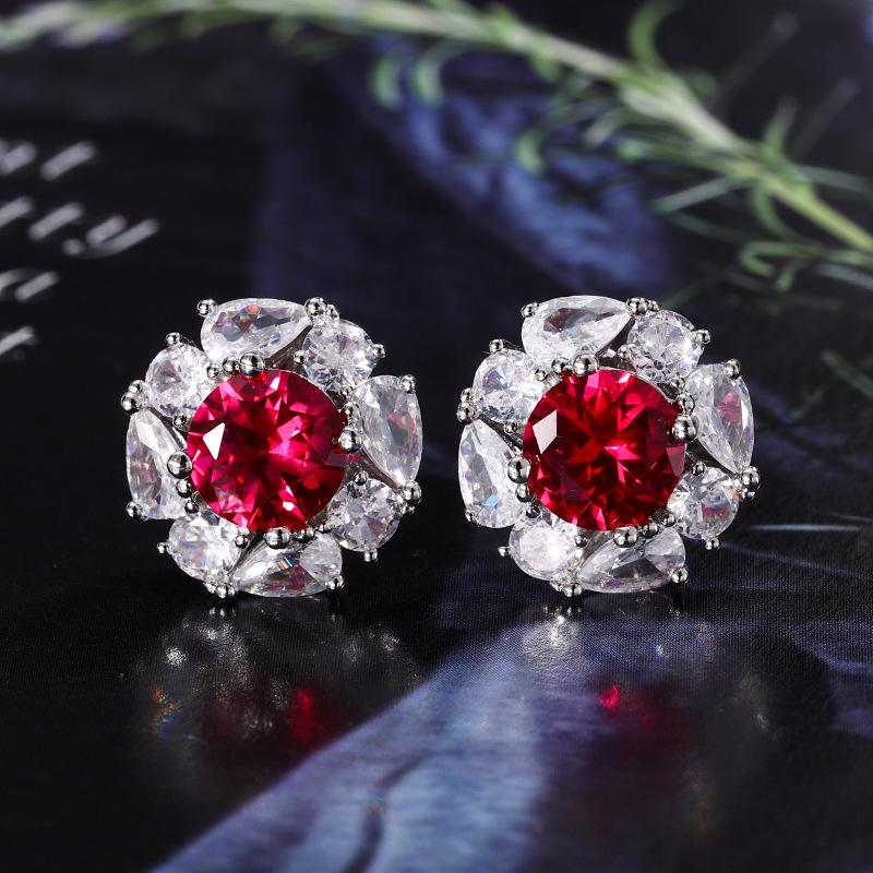 Jewelry Copper Bottom Gold-Plated Simulation Red Corundum Round Temperament Light Luxury Suit Women 12-7Mm