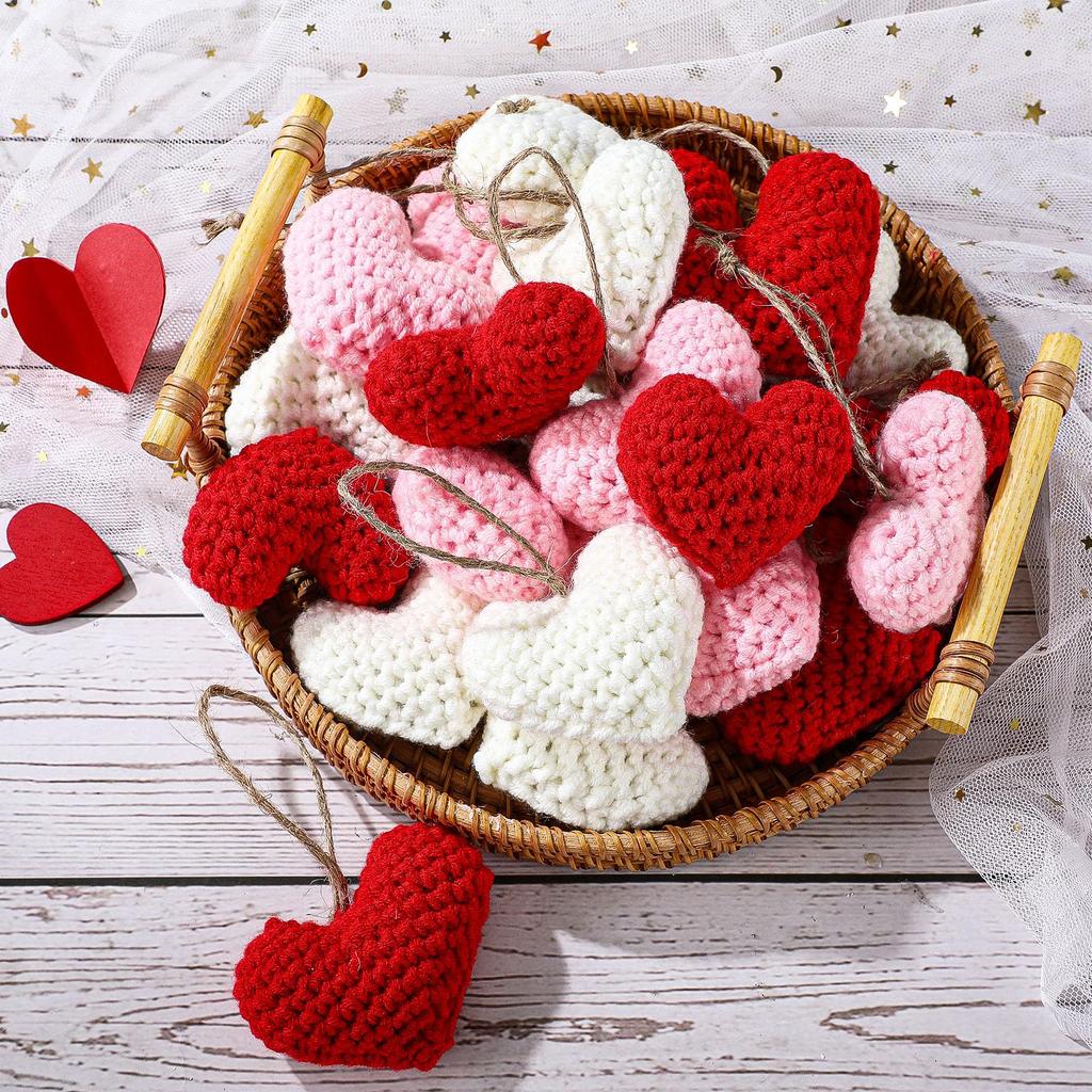 12Pcs Knitted Heart Ornaments Handmade Knitted Crochet Heart Tree Ornament for Home Christmas Tree Party Decor