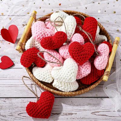 12Pcs Knitted Heart Hanging Pendant Handmade Valentine Bowl Vase Filler for Home Christmas Tree Party Decor