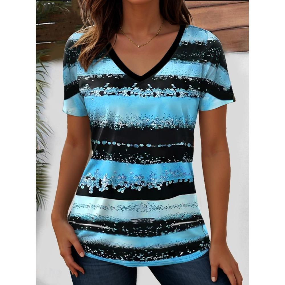 Women's T-Shirt Ocean Striped Graphic Fashion Short Sleeved V-Neck Regular Tops Daily Print Tee Summer Spring casual Tops