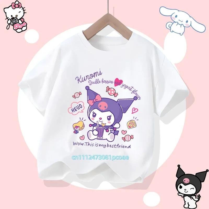 Kuromi Children's Pure Cotton Short-Sleeved Girls' Casual Shirt - Summer T-Shirt with Cartoon Print- Three Little Monkeys Series