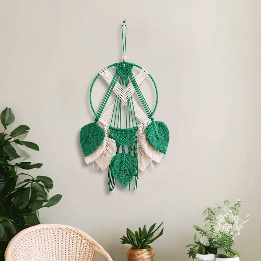 Handwoven Cotton Rope Contrast Color Dreamcatchers with Leaves Tassels Wall Hanging Macrames Tapestrys for Home Decors