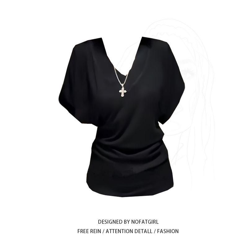 

Plus Size Chubby Girl Pure Desire Wind Deep V Neck Batwing Sleeve T-shirt Women s Summer New Arrival Waist-Tight Fancy Niche Style Chic Tops Black 3XL