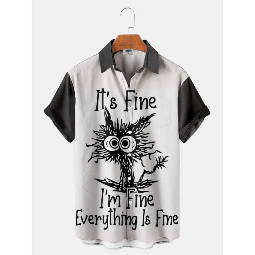 Cute Cat Pattern Print Men Short Sleeve Shirt Summer Men Fashion Loose Shirt Tops