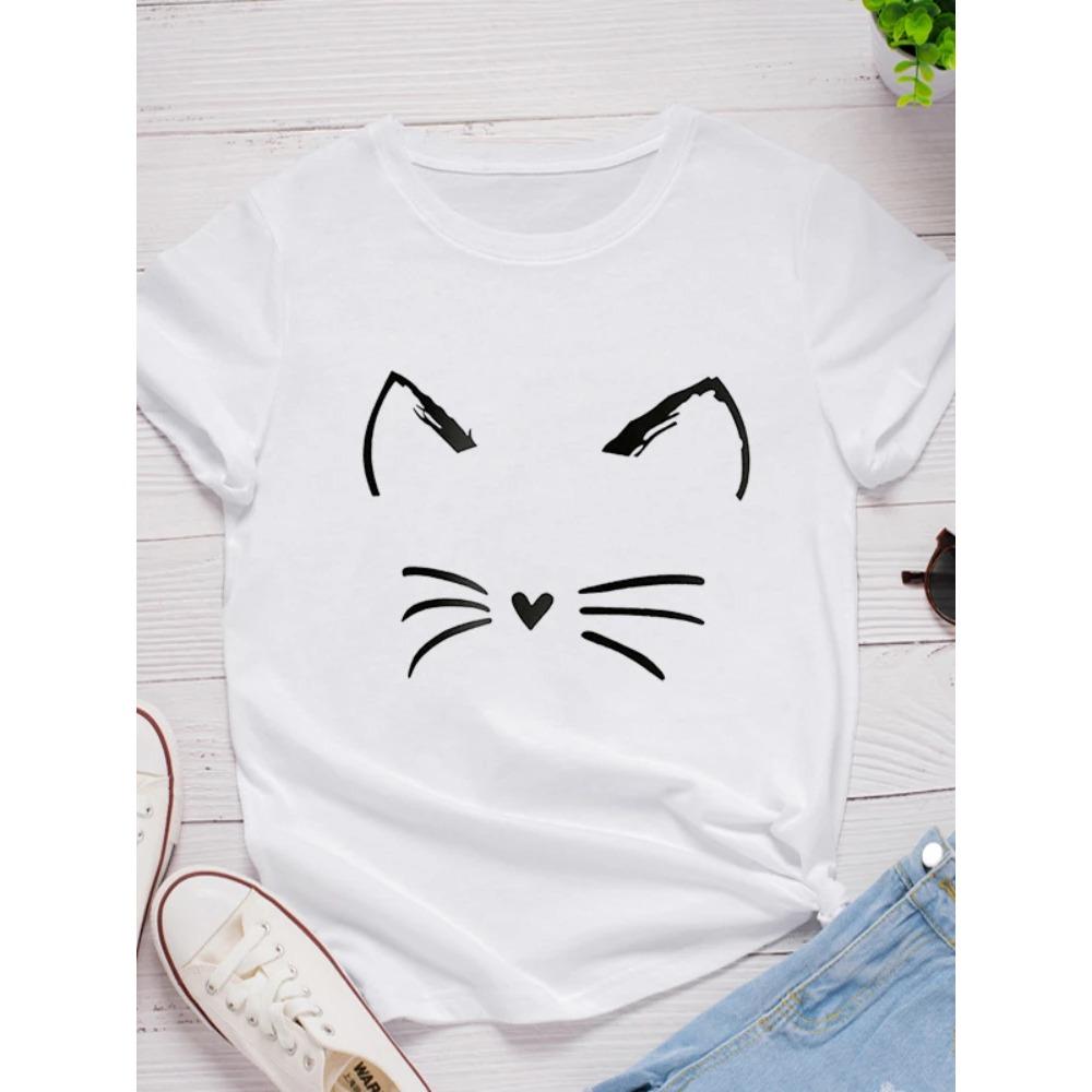 

Жіноча футболка з коротким рукавом з принтом мультяшного котячого обличчя, з круглим вирізом, вільна, повсякденна, модна, підходить для щоденних топів L