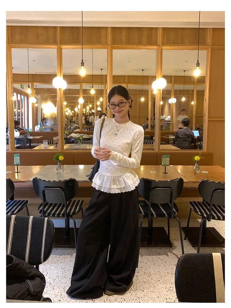 Women's Slim Fit White Polka Dot Lace Thermal Long-Sleeve Top