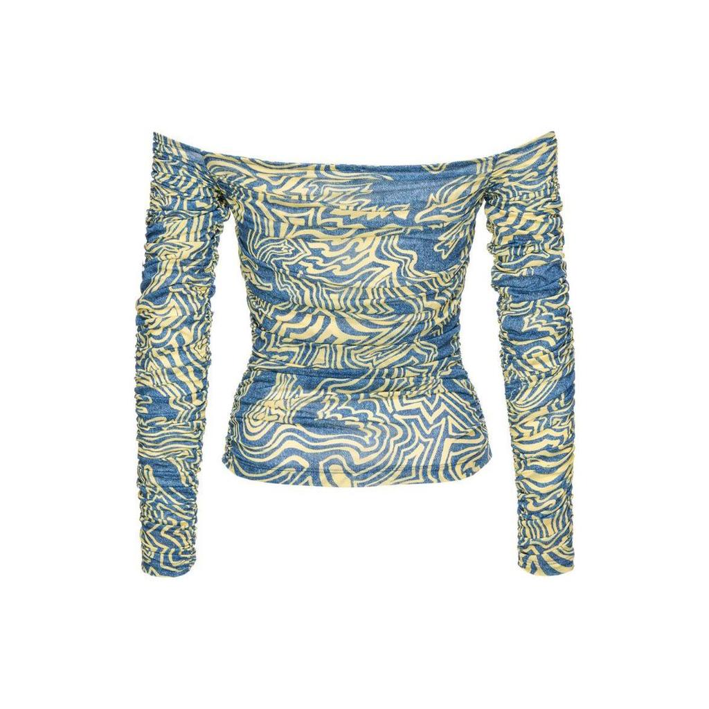 Pinko Retro Print Off-Shoulder Long Sleeve T-Shirt Women Tops Blue 102887A1LT-EH1